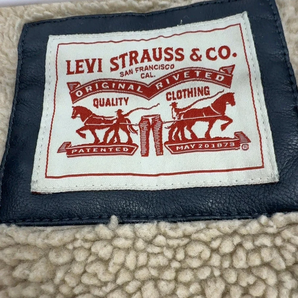 Levis Jacket Mens L Blue Faux Leather Sherpa Lined Bomber Moto Biker Style